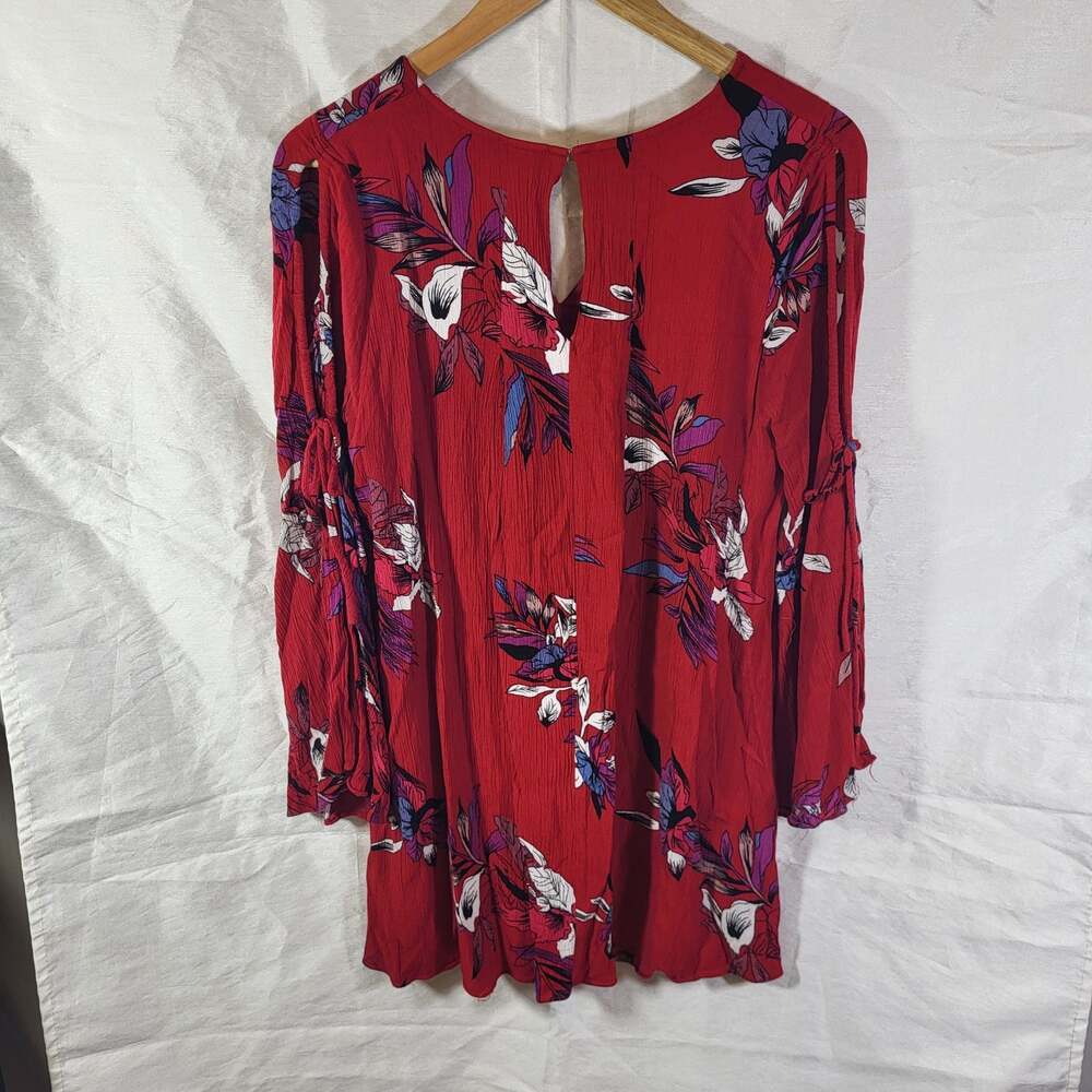 Umgee Boho Whimsy Red Floral Long Sleeve Keyhole Back Tunic Dress Size S - Picture 2 of 4